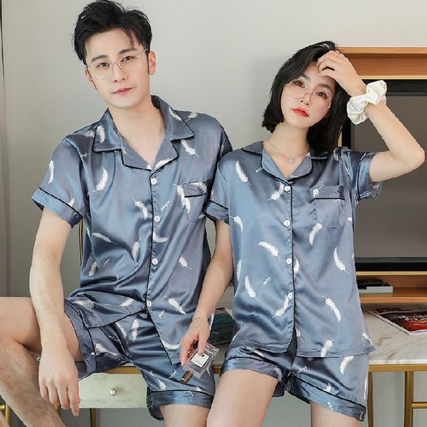 

летние шорты шелковая пижама silklike пару пижамы с короткими рукавами шорты шелк кардиган большого размера для мужчин и женщин в home костю, Black;brown