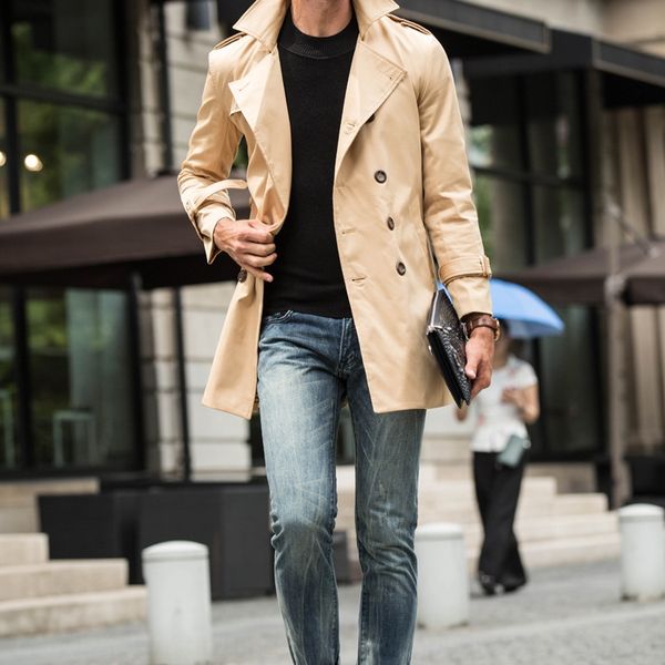 

new casual men's mid-length fashion windbreaker coat windbreaker british slim lapel large size coat men's clothing, Tan;black