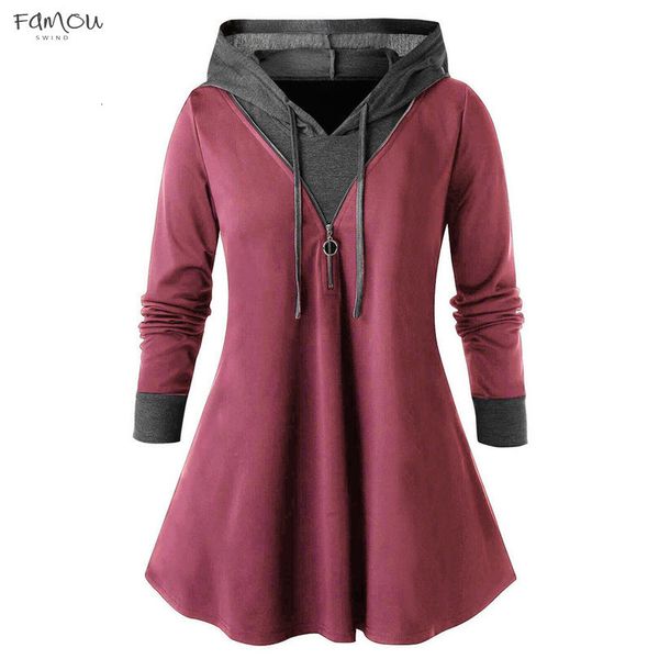 

plus size 2020 autumn hoodies blouse women long sleeve shirt casual color patch zipper tunic hooded v neck blusas chemise femme, White