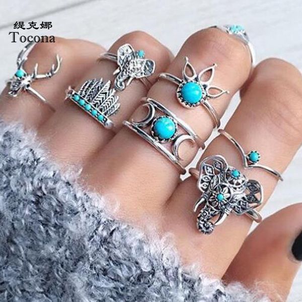 

7шт / комплект vintage серебряного цвет elephant moon кольцо для ювелирных изделий женщины blue crystal stone цветы листьев геометрических ж, Golden;silver