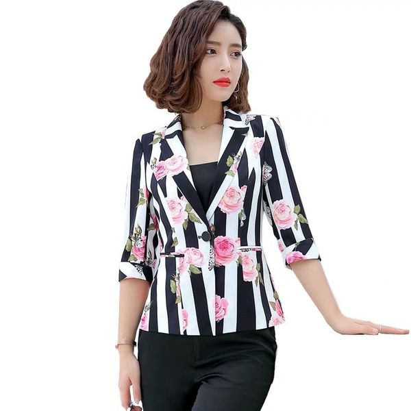

small flower small suit jacket female printing color thin section large size short section three-quarter sleeve casual floral th, White;black