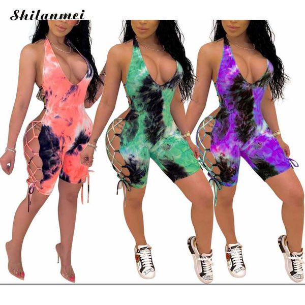 

new tie dye rompers lace up jumpsuit shorts backless bodycon clubwear bodysuits hollow out party outfits jumpsuits 2xl, Black;white