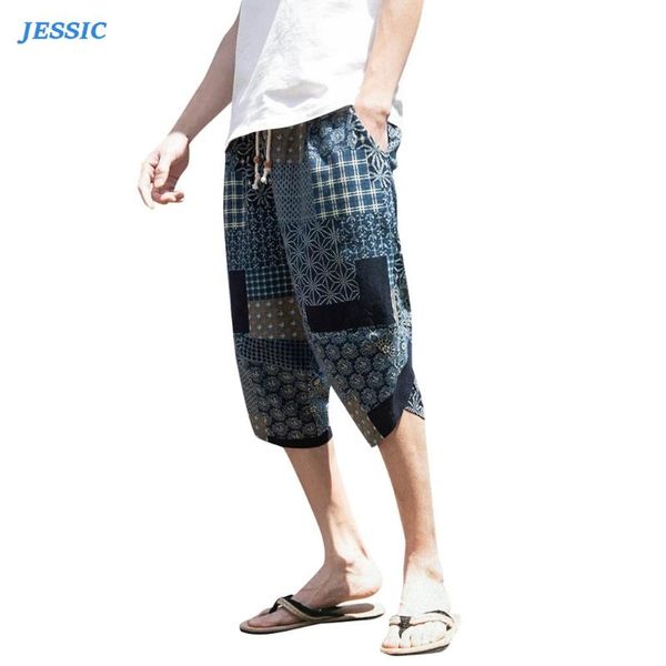 

jessic men's pants summer wide-breasted harem cotton linen wide-leg pajamas loose cropped trousers baggy high quality, Black