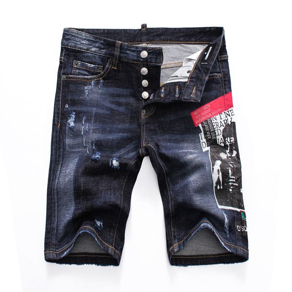 

men's straight personalized hole splicing blue denim shorts designer jeans blue men's hip hop denim shorts rock jeans