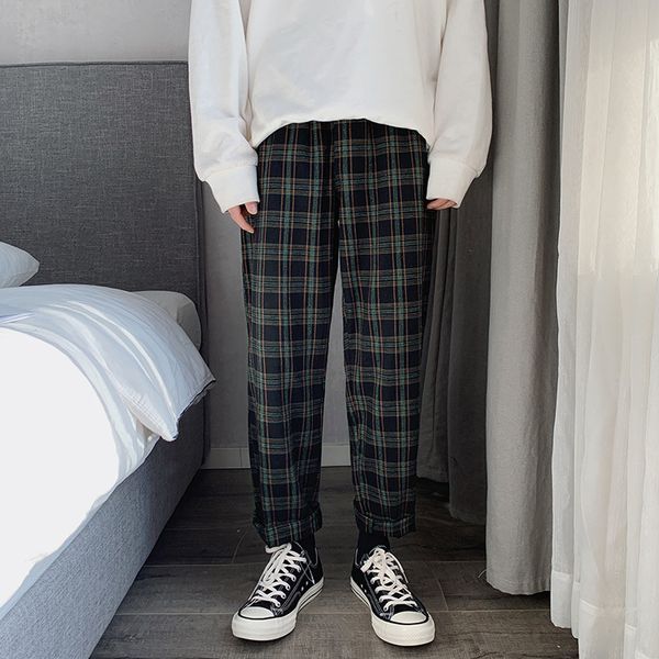 

men's pants casual men plus size fashion plaid japanese style trousers straight mens streetwear checkered retro bottoms students chic, Black