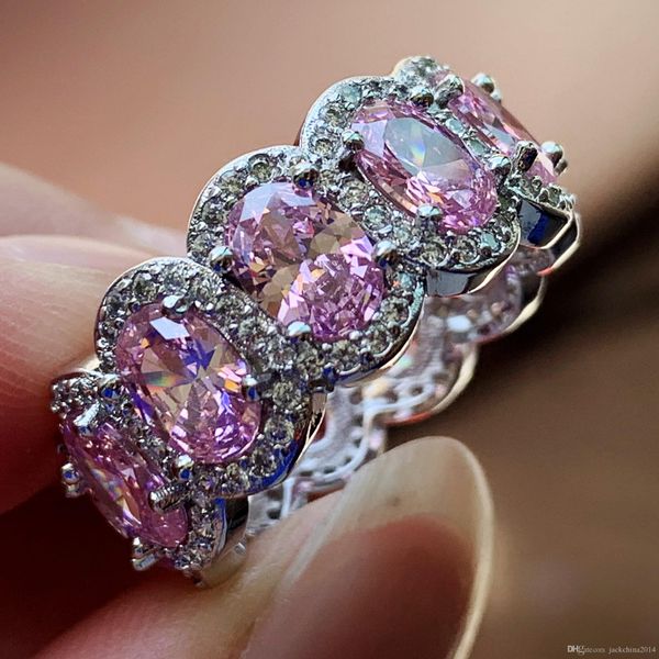 

super deal selling stunning lovers jewelry 925 sterling silver oval cut pink z cz diamond eternity wedding band ring fpr women gift, Slivery;golden