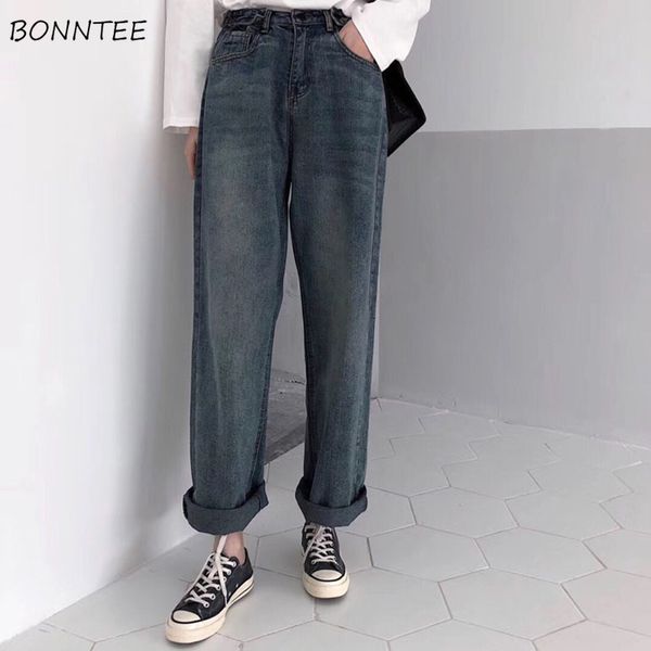 

jeans women solid high waist loose full length zipper pockets vintage washed wide leg womens jean leisure simple all-match, Blue