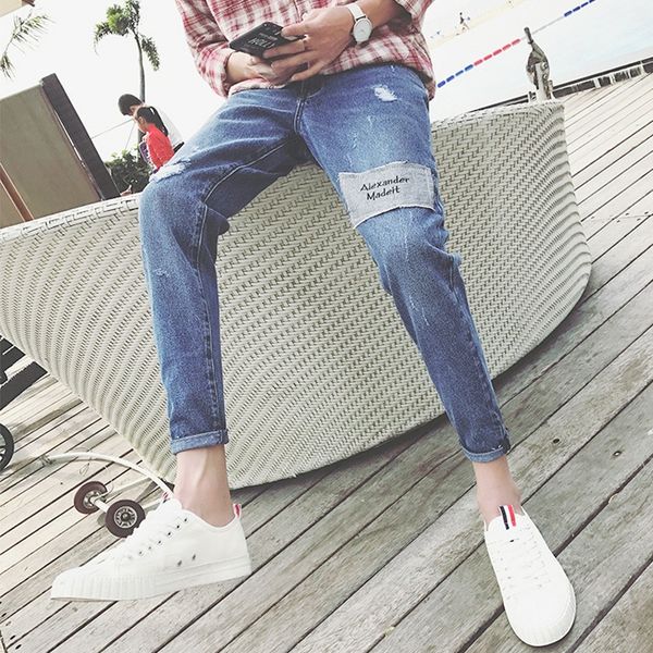 

ankle-length men's ripped and jeans trousers and jeans trendy beggar pants korean style slim-fit ankle 9 pants thin, Blue