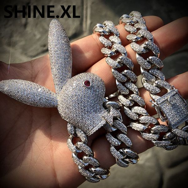 

Hip Hop Iced Out Animal Big Rabbit Pendant Necklace with 12mm Cuban Link Chain Silver Plated Zircon Hip Hop Jewelry Mens Gift