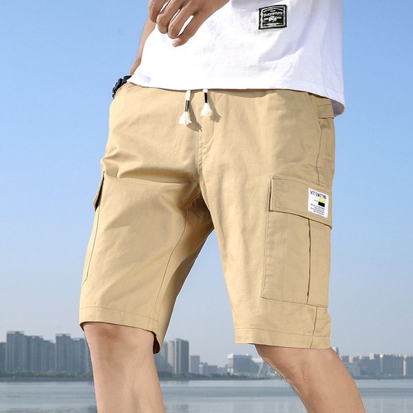 

men summer fashion shorts solid color multi pockets khaki shorts male holiday beach home knee length cotton casual simple, White;black