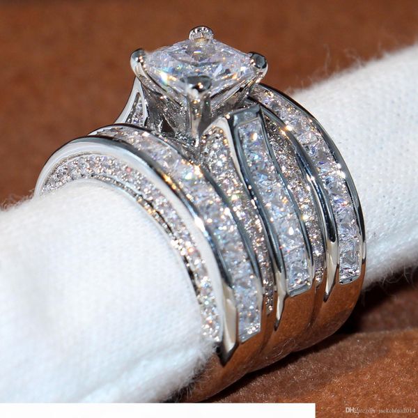 

2017 victoria selling classic jewelry 14kt white gold filled princess cut z cz diamond party women wedding 3 in 1 band ring set gift, Slivery;golden