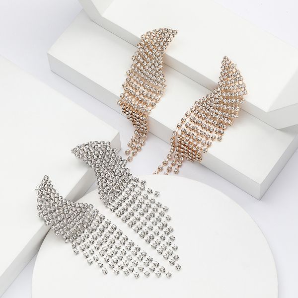 

new super flash claw chain rhinestone diamond long tassel earrings female full diamond super fairy earrings cold wind, Golden