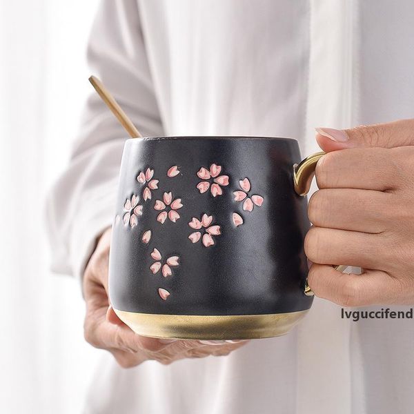 

new black gold japanese cherry blossoms emboss ceramic mug cute coffee cups breakfast milk tea mug creative gift cup with spoon t200506