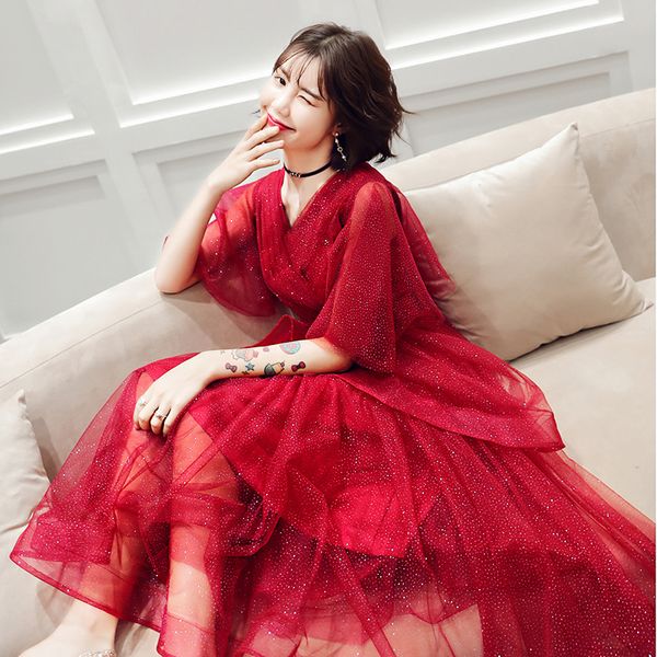 

ethnic clothing burgundy sequins elegant lace trumpet sleeve hidden zipper wedding party dress prom gown vestidos, Red