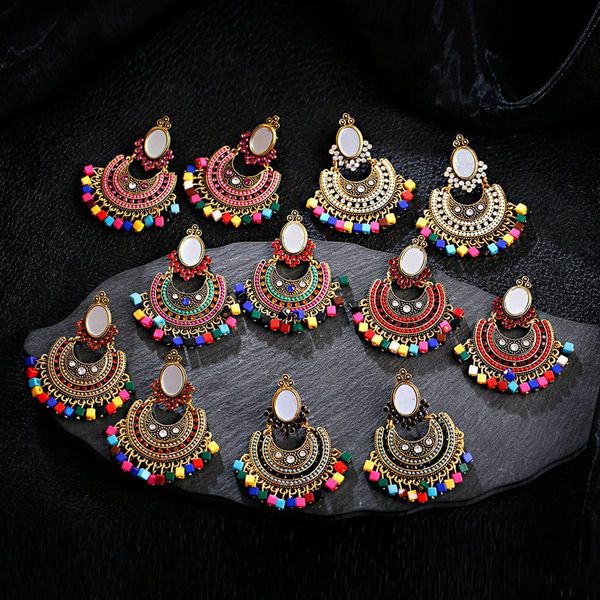 

oiquei jhumki jewelry gypsy ethnic retro oversize moon shape mirror colorful square beads tassel drop earrings for women, Silver