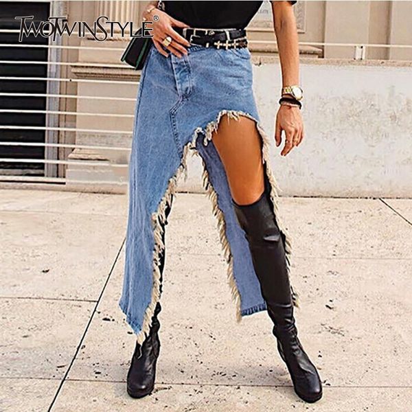 

denim skirts for women high waist split tassel asymmetrical skirt female large size 2020 spring fashion tide, Black