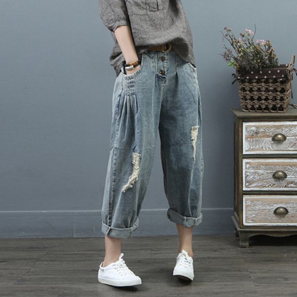 

2020 women jeans retro loose all-match denim pants ladies new elastic waist pocket hole bleached all-match denim trousers, Blue