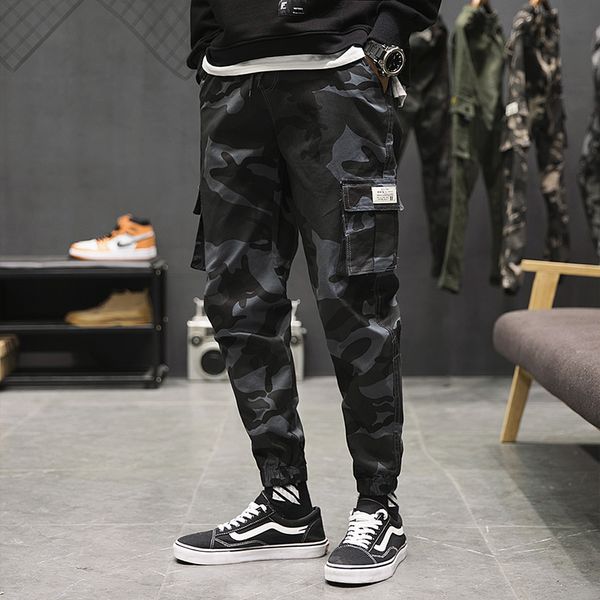 

men's camouflage tactical pants men hip hop streetwear autumn cargo pants ankle length casual plus size, Black