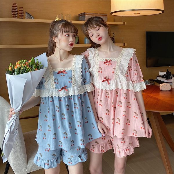 

2020 women's new cute short-sleeved lace two-piece home lace home clothes clothes, Blue;red