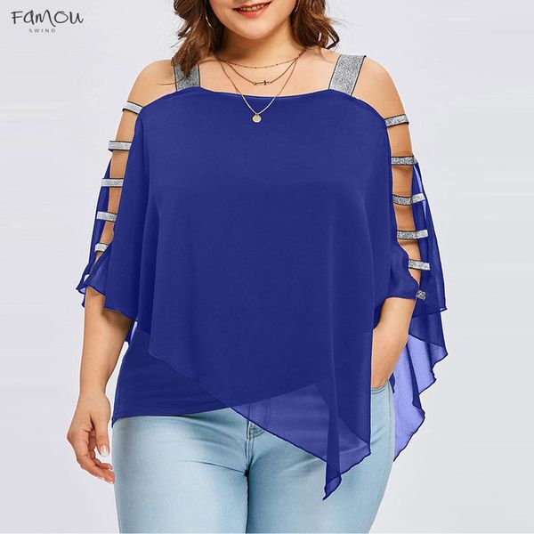 

plus size summer fashion women chiffon strapless cold shoulder ladies regular loose shirt casual long sleeve blouse female blusa, White