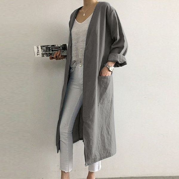 

kh8x6 2019 autumn and winter new solid color large windbreaker size loose cardigan coat casual cotton and linen long knee-length trench coat, Tan;black