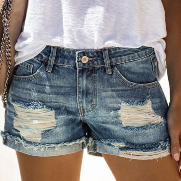 

women middle-waisted washed ripped hole short jeans denim summer shorts feminino hole ripped denim jeans short, Blue