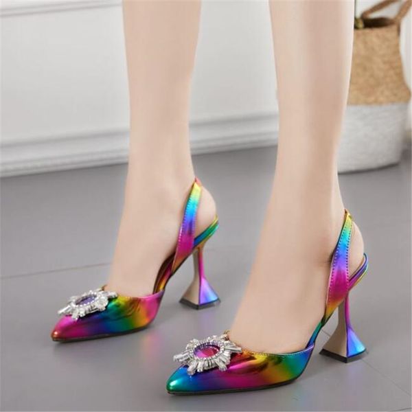 

aiykazysdl rainbow color women sandals pointed toe sun style rhinestone high heels weeding shoes spike heel slingback pump 35-42, Black