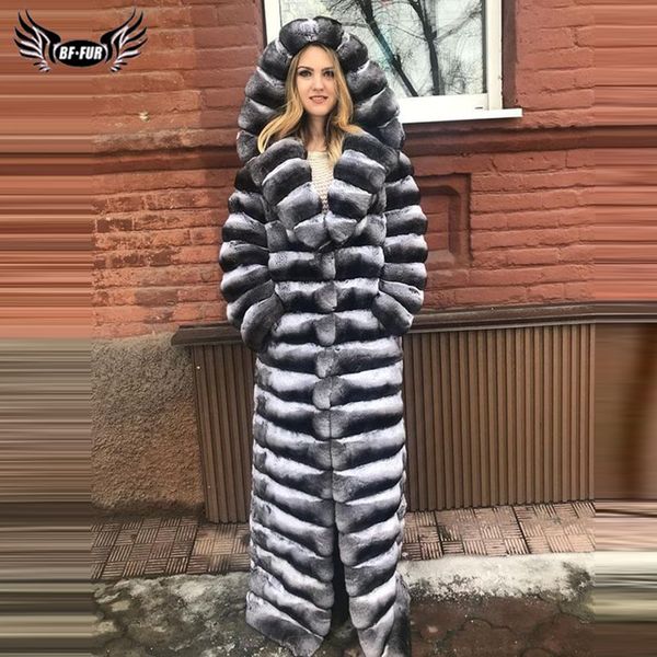 

women's fur & faux bffur 130cm long real rex coat with hood whole skin genuine chinchilla color jacket natural women overcoat, Black