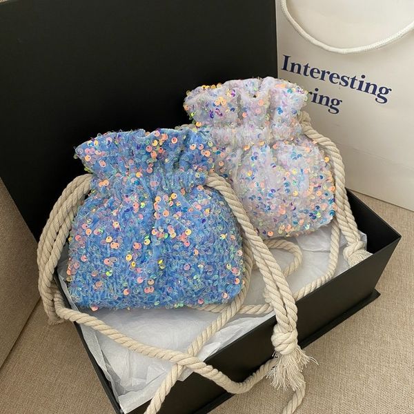 

sequins drawstring women's fashion cool shining cross small han chao shoulder bucket bucket all-match sequins bag shoulder bag