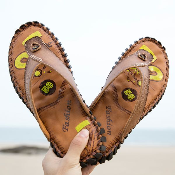

2020 summer flip flops men slippers genuine leather soft flats anti-slip beach shoes casual real leather retro outdoor slippers, Black
