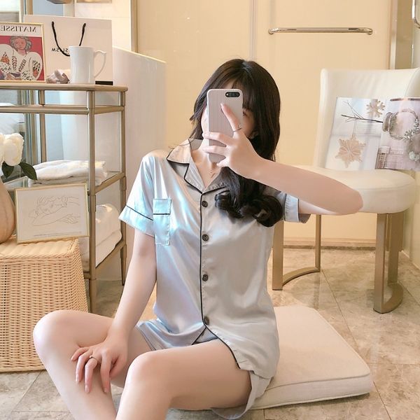 

women's simulation shorts pajamas ice pajamas imitation silk ice silk short sleeve shorts women's home wear, Blue;red