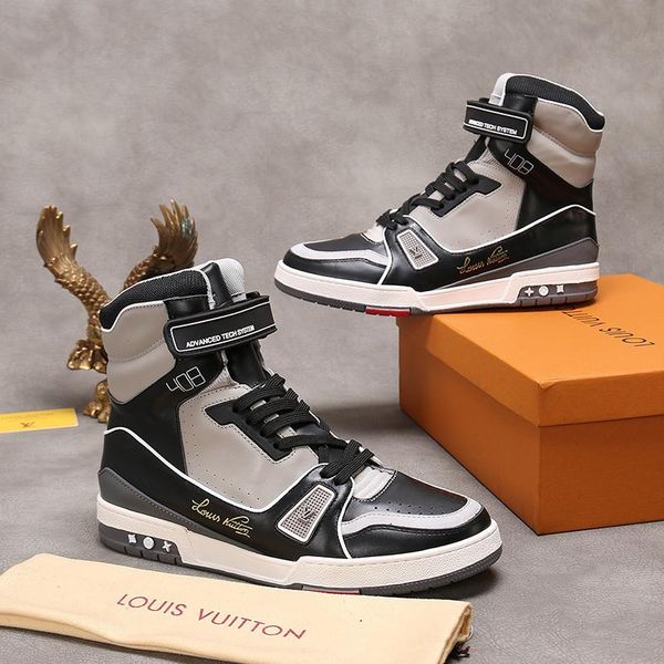 

new 2020 men shoes sports breathable leather big size luxury design trainer sneaker mid -fashion boots bottes hommes luxury style me, Black