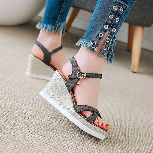 

sequins women sandals lady dress shoe casual wedges sandals platform high heel buckle sapato feminino women cs03, Black
