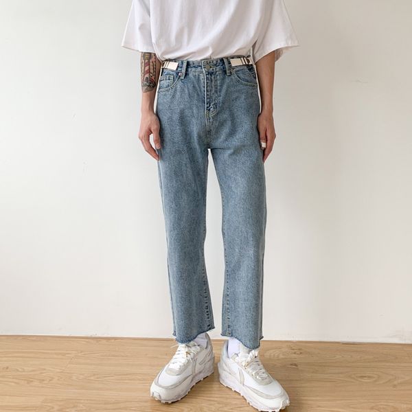

straight ankle length denim pants streetwear jeans pant hip hop vintage fashion japan korea broken hem casual men male, Blue