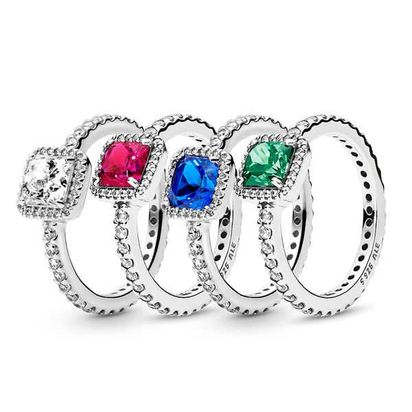 

authentic ale 925 sterling silver red blue & green timeless elegance statement ring new square gemstone women wedding rings with pandora box, Slivery;golden
