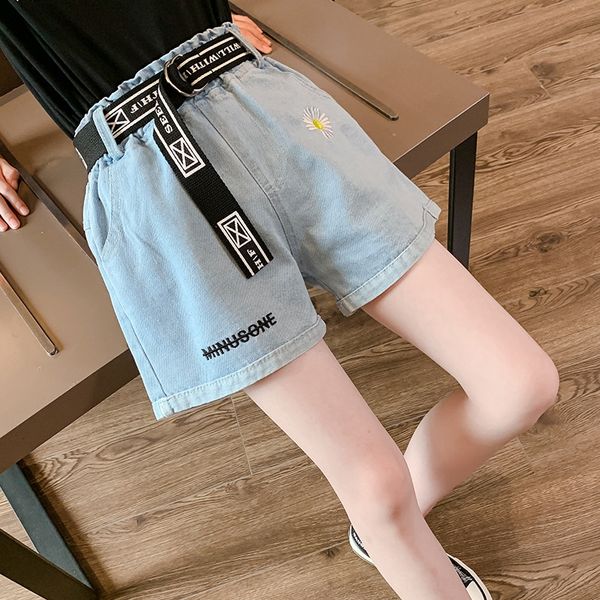 

children's new daisy denim shorts 2020 medium and large children korean style all-match girls shorts pants pants belt, Blue