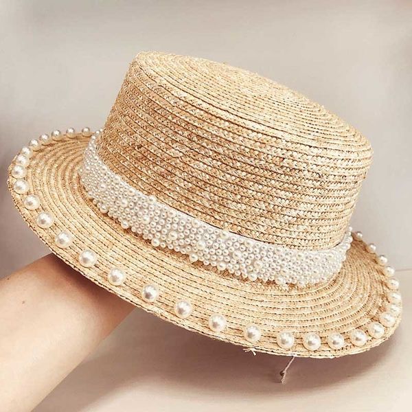 

элегантный ручной жемчуг trim соломенной шляпе 6cm короткие брим canotier flat top sun beach cap женщины канотье hat дамы дерби случай hat y, Blue;gray