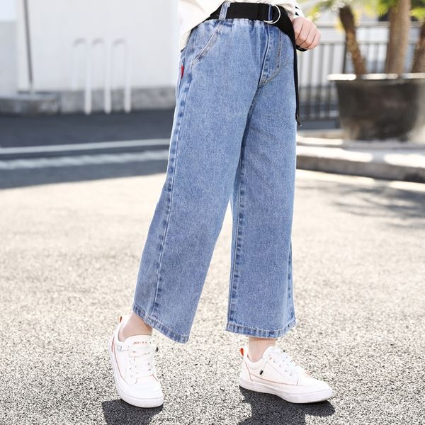 

wear girls' children's 2020 new medium and large and wide leg pants jeans children's belt jeans wide-leg pants, Blue