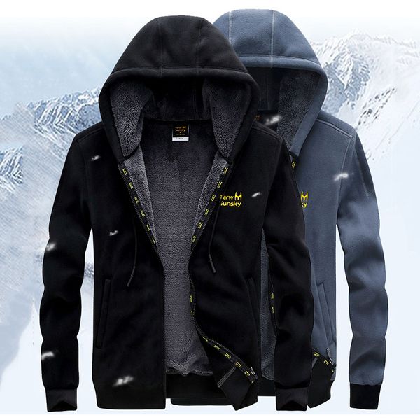 

men outdoor winter polar fleece jacket thicken thermal windproof warm anti-sweat coats climbing skiing sports hooded jackets, Blue;black