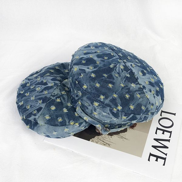 

korean style personalized hole denim beret painter beret octagonal female british all-match fashion painter hat octagonal hat, Blue;gray