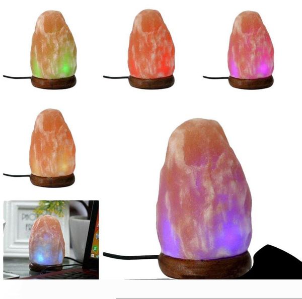 

glow hand carved natural crystal himalayan salt lamp with genuine neem wood base, multicolor led bulb and usb plug