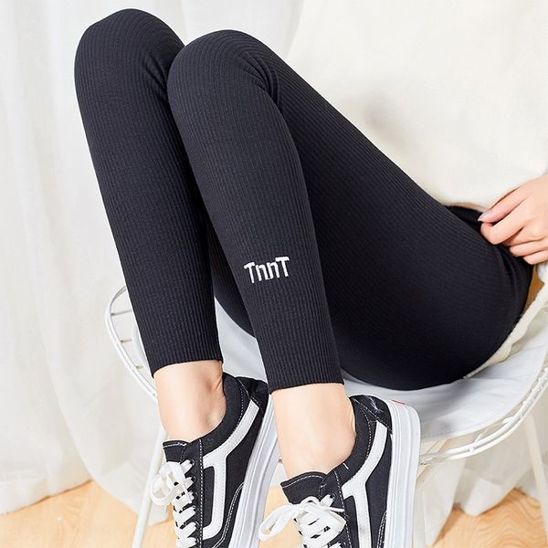 

2019 tight pantsnew korean style high waist tight pants threaded cotton cotton thickened leggings women's outer wear autumn pants, Black