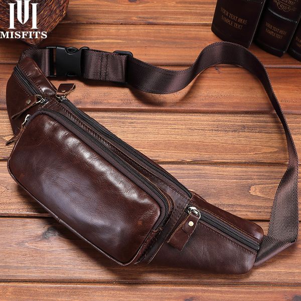 

waist bags misfits genuine leather bag men travel pack hip belt phone pouch casual chest messenger male fanny
