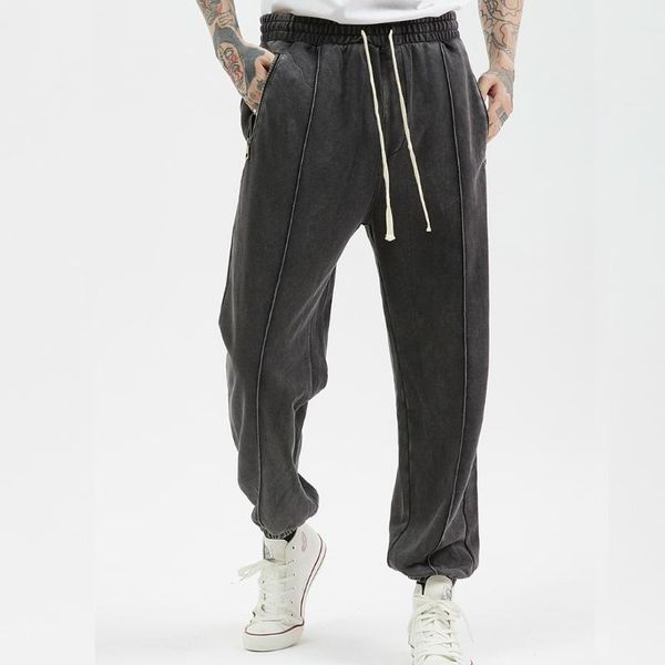 

ankle-length garment-washed cotton sweatpants 2020 men vintage drawstring jogger pants t200422, Black