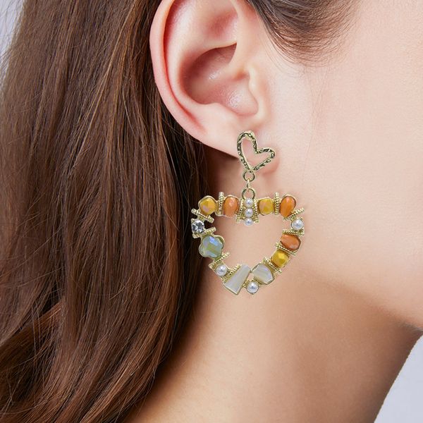

sweet fashion love heart dangle earrings with colorful acrylic beads and imitation pearl stone cute earrings for women, Silver