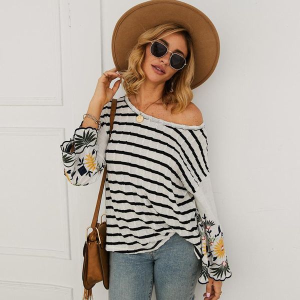 

floral embroidery flare long sleeve shirt women striped spring autumn loose casual outerwear blusas femme t4020, White