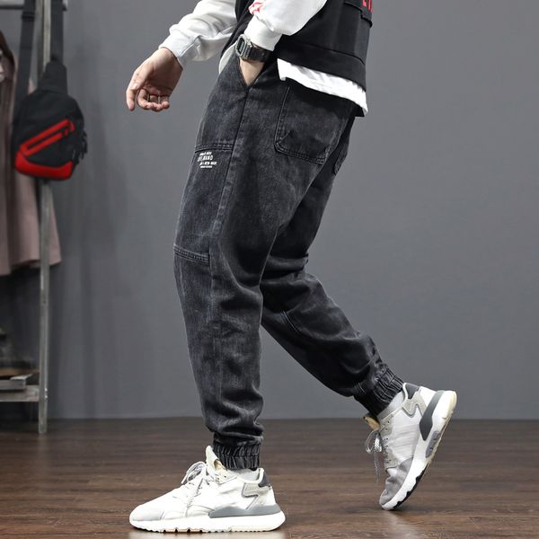 

fashion streetwear men jeans black color loose fit denim cargo pants harem trousers spliced hip hop jeans men joggers pants, Blue