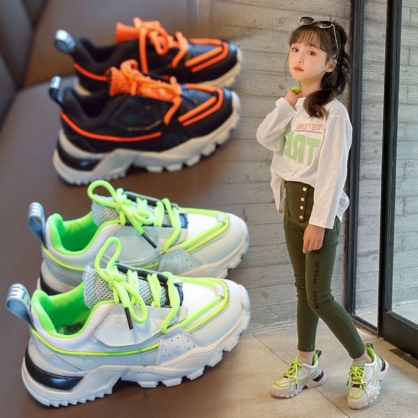 

children's dad sports 2020 new genuine leather girls' lightweight casual shoes breathable boys' fluorescent sports shoes, Black