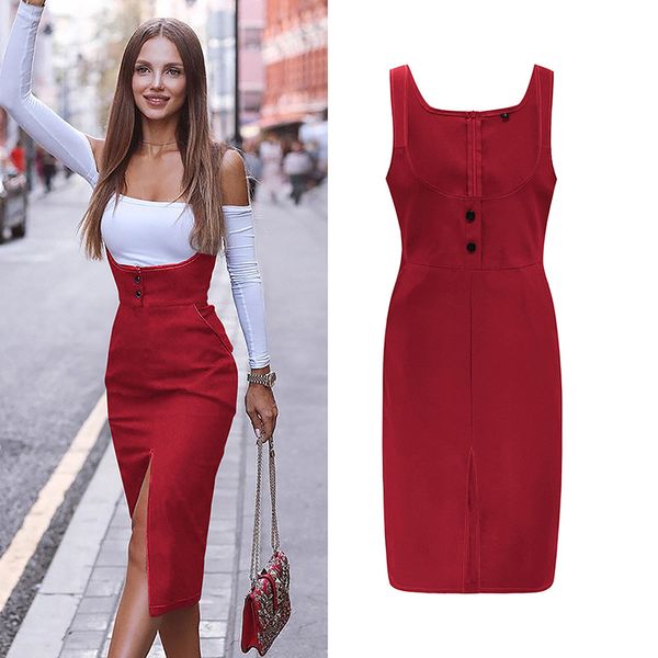 

backless bodycon midi dress women summer vestidos 2020 new pocket button cotton dress split ladies dresses, Black;gray