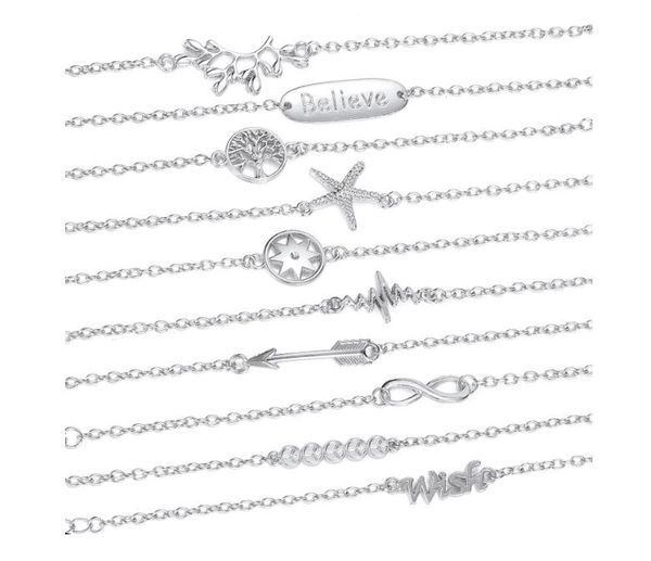 

mix 10 style 10pcs fashion alloy bracelet silvery olive branch lucky tree starfish infinity a sign of peace believe charm bracelet 19cm+5cm, Golden;silver